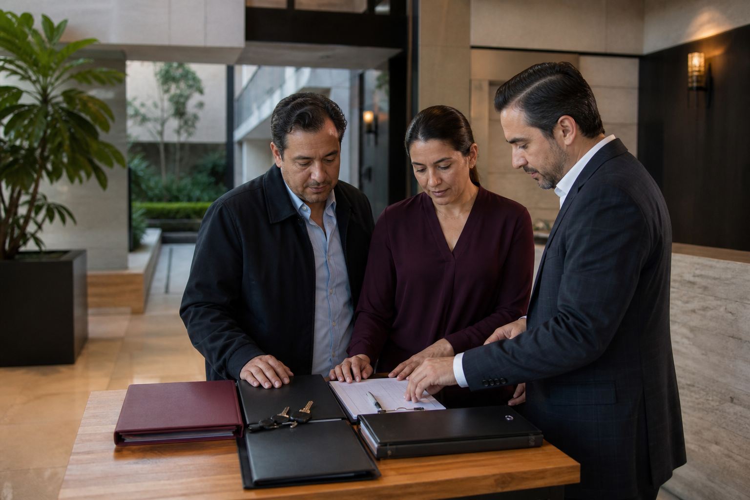 Firma de documentos de una operación inmobiliaria, con carpetas y llaves sobre la mesa